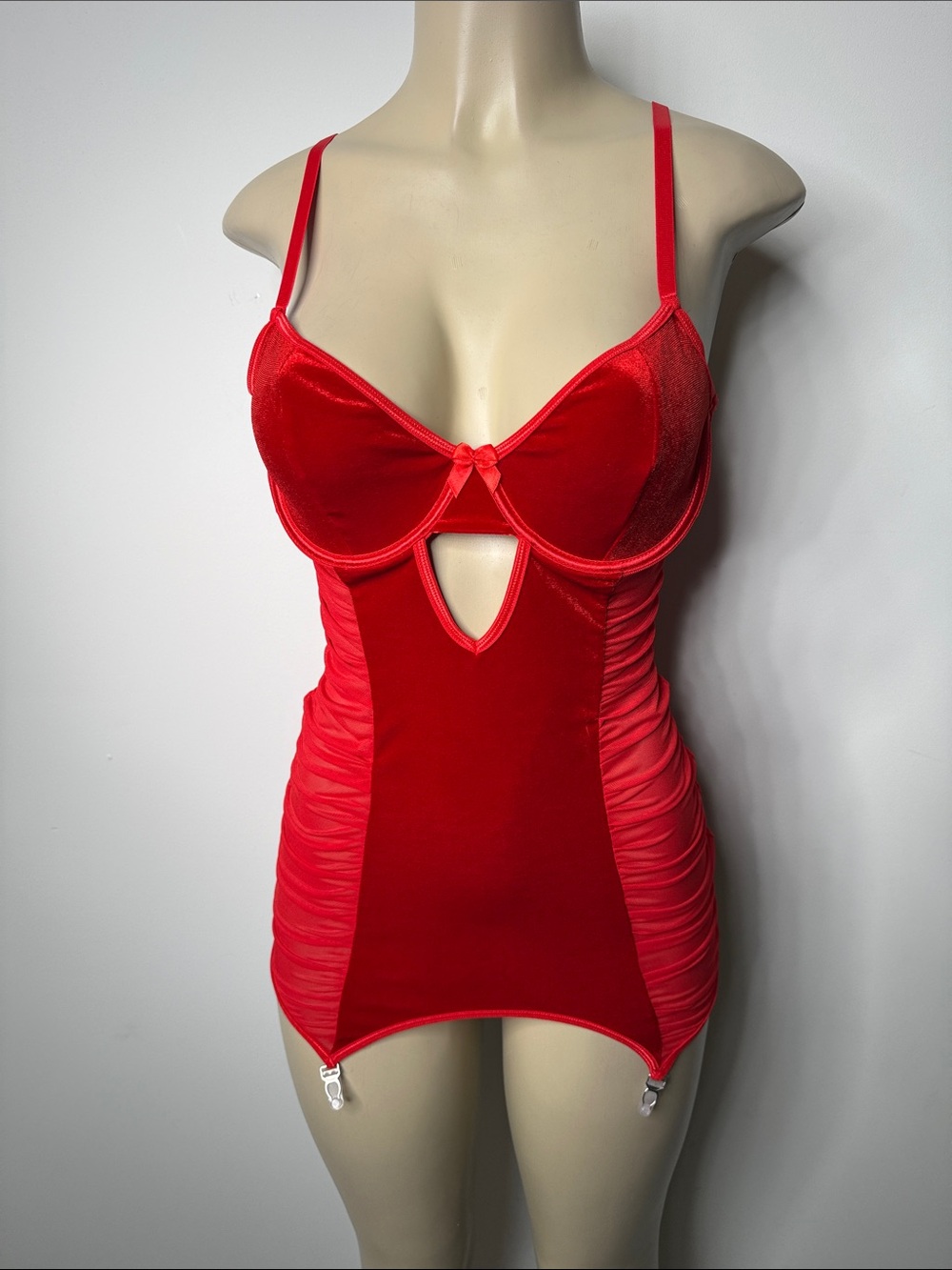 Red Satin Lace-Up Chemise with Garters - Women Intimates